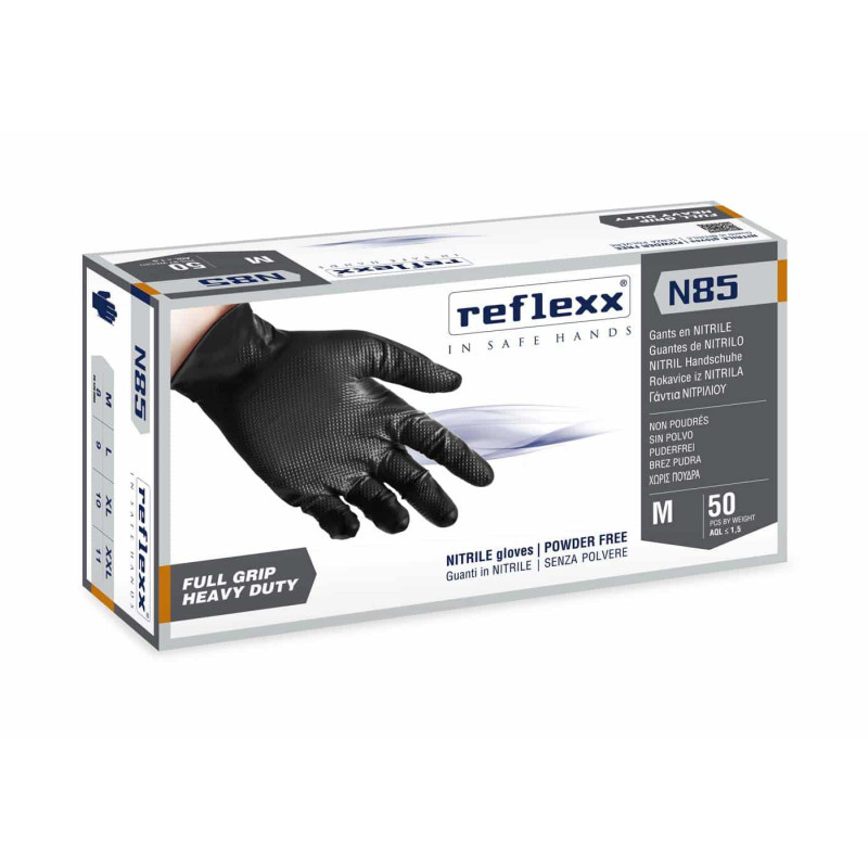 Guanti In Nitrile Senza Polvere Full Grip N85 Nero – gr. 8,4 (M) Ultra resistente