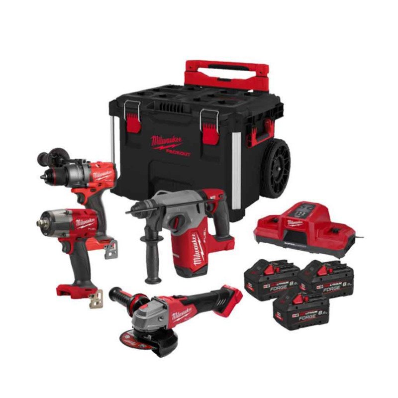 KIT FUEL 8V FORGE TRAPANO PERCUSSORE+ TASSELLATORE+SMERIGLISTRICE+AVVITATORE IMPULSI 1/4 HEX M18 FPP4HF-803P 4933500125 - Mondof